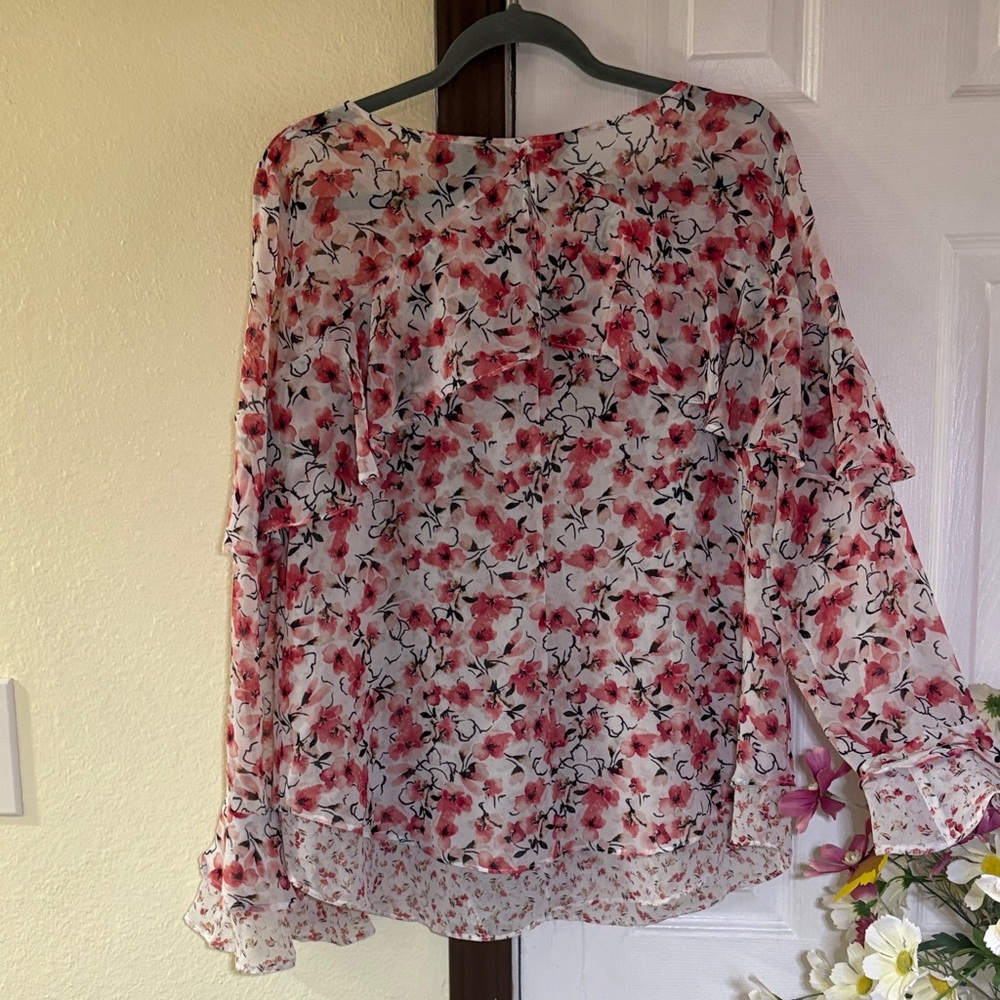 White House Black Market Pink Floral Sheer Ruffle Blouse - Picture 5 of 12